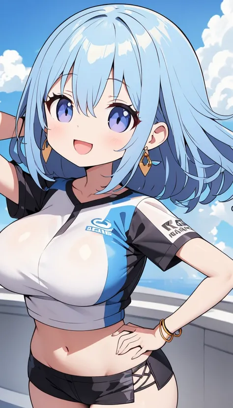  top quality、 Ultra-high precision 、Detailed view、  vibrant colors、Alone、 beautiful girl 、Age 30、 race queen、 blue sky、cloud、 T-Shirts 、 hotpants、Beautiful big boobs 、smile、holding a flag in hand、Beautiful figure、 magenta shorthair、  slender figure  、 Accu...