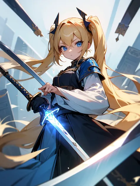 Blonde、 long hair on background、 Twin Tails 、Holy Sword、ultimate、 blue eyes、female、 is cool、pocket、 Valkyrie 、god、