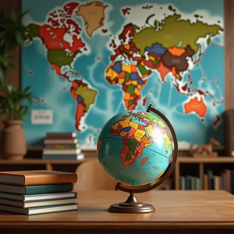 A clean and well-organized study setup themed around international affairs and general knowledge. In the foreground, a sturdy wooden table is arranged with a detailed globe as the centerpiece, surrounded by a few neatly stacked books on international topic...