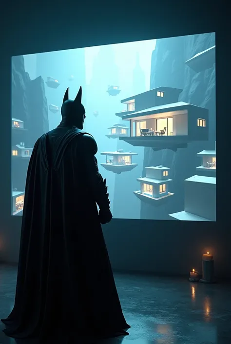 batman turns to the screen, showing many floating modern houses flying, the details are so realistic that they feel alive. The dim light in the Batcave turns into an awesome glow effect. 4 K