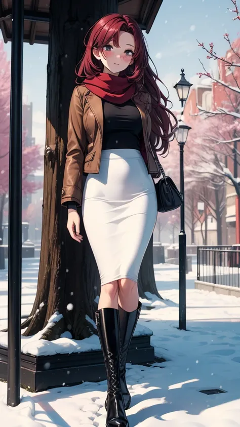 ((masterpiece, best quality:1.3, high detail)), beautiful woman, looking at viewer, long hair, (maroon hair), full-face blush, solo focus, one person, (brown jacket, white blouse, red scarf, (long black pencil ((skirt))), long pencil skirt, boots, outdoors...