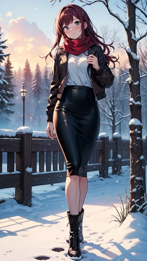 ((masterpiece, best quality:1.3, high detail)), beautiful woman, looking at viewer, long hair, (maroon hair), full-face blush, solo focus, one person, (brown jacket, white blouse, red scarf, (long black pencil ((skirt))), long pencil skirt, boots, outdoors...