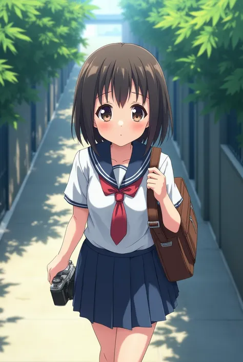 anime girl away from home in middle school uniform with school bag, camera from top back