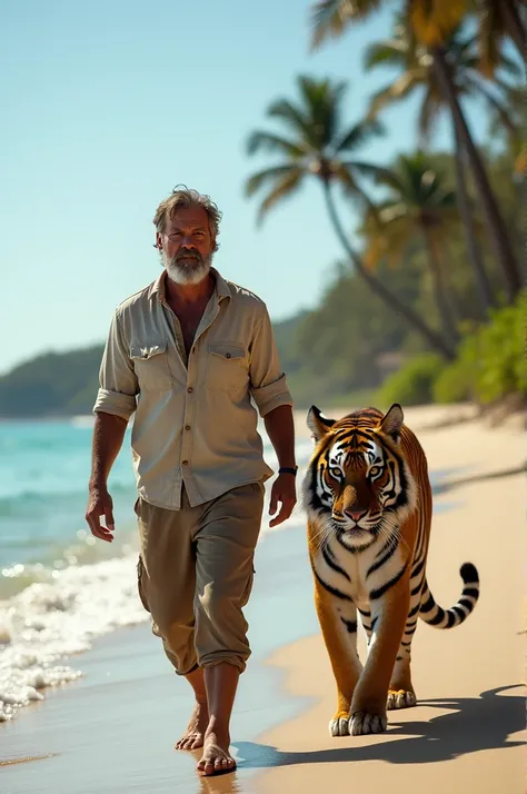 For example, he walks on the beach with a tiger. 