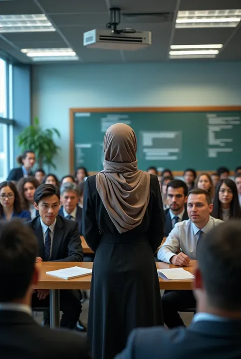 A very successful female principal teaching a very large class at mit .she wears hijab 