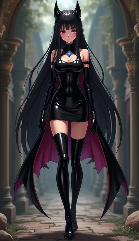 dark queen from battletoads video game, anime style, young face,  shiny black latex dress miniskirt, long black hair,  long black gloves, short boots with heels,  full body view