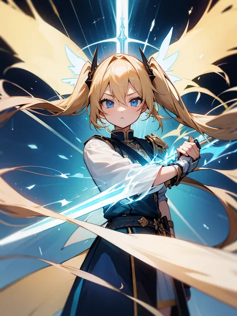 Blonde、 long hair on background、 Twin Tails 、Holy Sword、ultimate、 blue eyes、female、 is cool、pocket、 Valkyrie 、god、Light、god殿、god々Shii