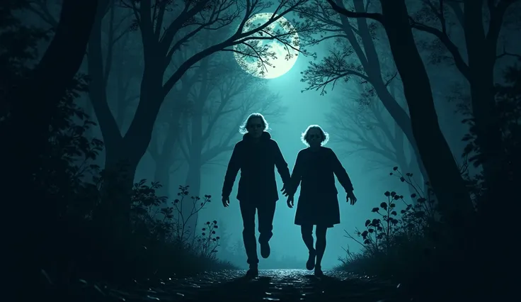 The narrator and his aunt running frantically through a dense forest, their expressions of fear illuminated by streaks of moonlight breaking through the canopy, with snapping branches around them.