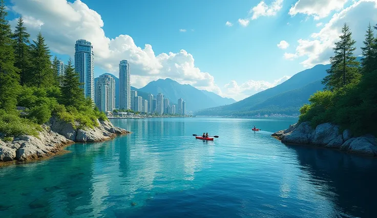 Summer in Vancouver (Adventurous): The city buzzes with life, offering both urban excitement and outdoor adventures. Hike through lush forests or kayak on the calm waters of the Pacific, with vibrant skies above.