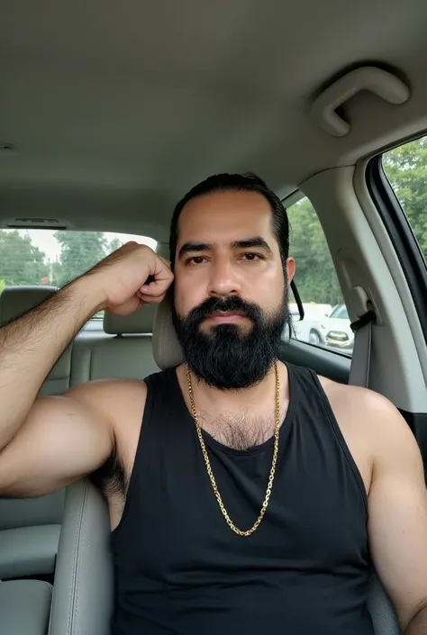  A man between 25 and 30 years old ,  of an athletic and manly build , sitting inside a modern car .  He wears a sleeveless black t-shirt that reveals his defined and slightly hairy chest ,  as well as his arm raised in a pose that flexes his biceps with c...