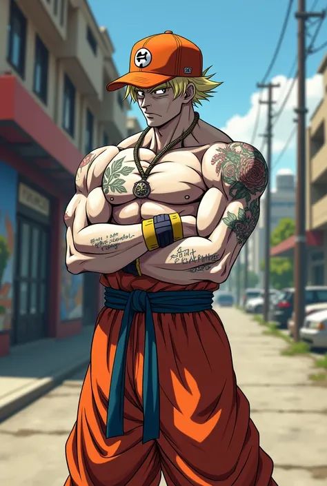 Anime-style image of adult Goku with HD 4080k quality combined with GTA style like a gangster with a cap and rap things and tattoos and so be white and in a fighting position and that the cap fits well done otherwise you take off his cap but less muscle be...