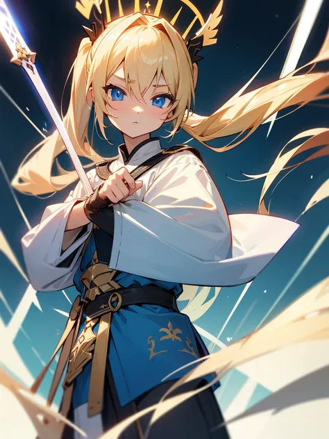 Blonde、 long hair on background、 Twin Tails 、Holy Sword、ultimate、 blue eyes、female、 is cool、pocket、 Valkyrie 、god、Light、god殿、god々Shii、Levantine