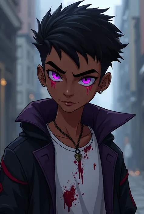 A young African American boy, age 13, with purple eyes tears of blood, short hair, mysterious with a sinister smile, supervillain, lean and wiry build, giving a sense of agility, wearing dark, edgy clothing, white shirt with blood on his chest, and wears a...