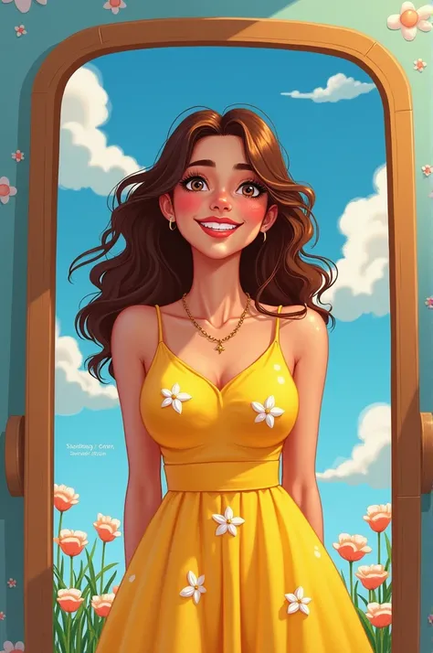 Imagine a young woman with curly brown hair and a bright smile is standing in front of a mirror. She is wearing a yellow sundress with white flowers and has a gold necklace with a small pendant. Behind her is a bright blue sky with fluffy white clouds. In ...