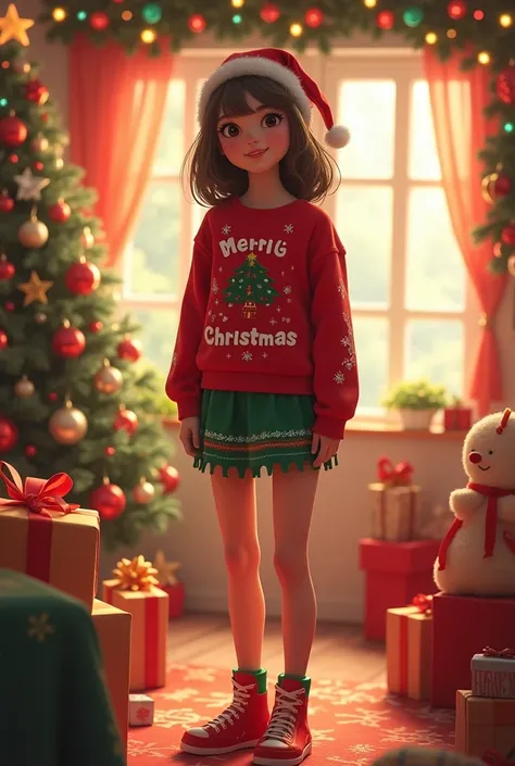 16-year-old teenage girl wearing a Christmas top and skirt,  full body, pies,8K, Christmas room ,  measures 1 .50 meters,