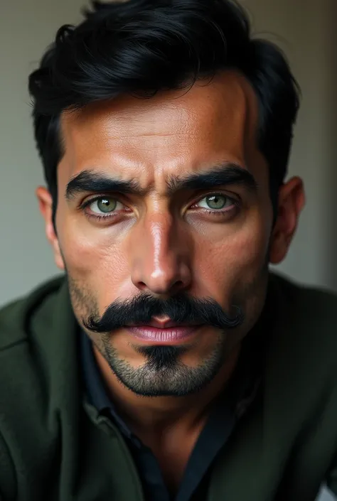  A handsome man from Turkey , with a thick black mustache ,  striking light green eyes,  short hair,  thick black eyelashes ,  deep look . 