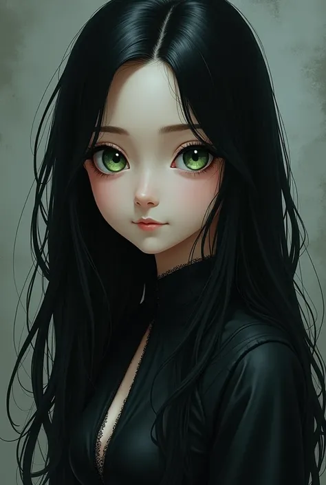 A (severus snapes daughter:(european girl,black hair, green eyes), in anime style with a black dress with a slit 