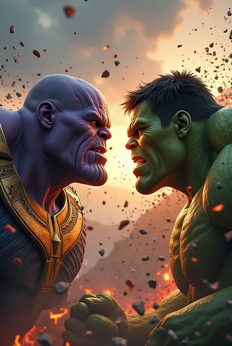 Thanos and Hulk clash with their fists, the energy of the blows sending shockwaves through the air, destroying the ground beneath them.