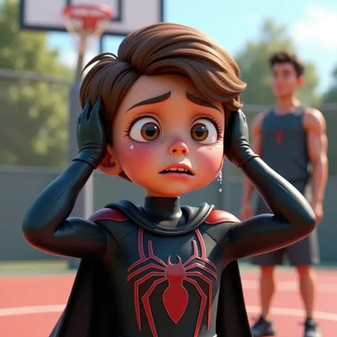 A young boy, approximately 7-, with brown hair,  and a light complexion, is crying. He is wearing a black superhero costume, a stylized blend of Spider-Man and Venom, featuring a spider symbol and Venoms characteristic face design. The costume has a somewh...