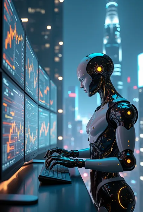 A futuristic robot with glowing eyes, trading cryptocurrency on multiple monitors displaying charts and price data, set against a backdrop of a futuristic city.