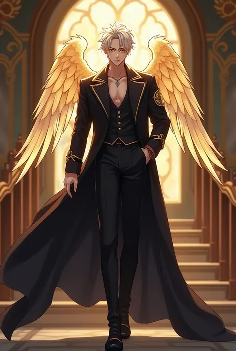  Anime man looks impressive and heavenly as well as extremely handsome.
 He usually wears elegant, dark clothes ,  Quenparese church  , with golden details that highlight her angelic status .  And look flirty and sensual .
,Intense colored eyes , like blac...