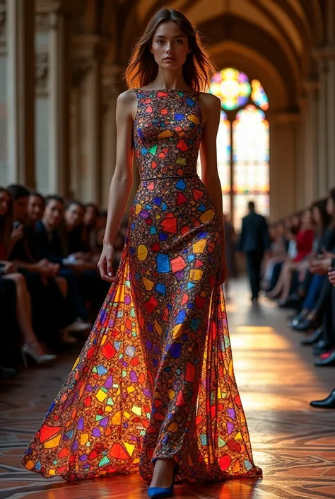 Create a long dress for a fashion show using the theme stained glasses (the colorful painted glasses of Renaissance. Try multicolored dress with glass pattern on the dress. I want to see the historical illustrations and patterns of those ancient glasses on...