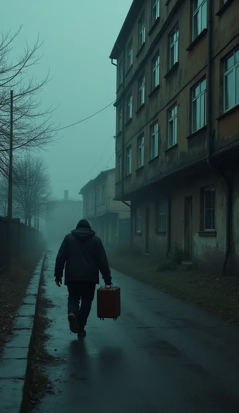 A person hurriedly leaving an old apartment building at dawn, carrying a single suitcase. The street is empty and quiet, the building’s windows dark. The mood is tense, with a sense of escape and fear.