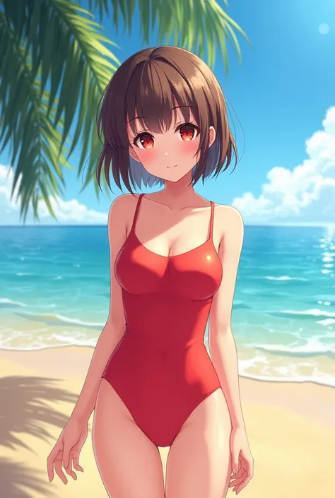 Anime girl short shoulder-length hair with red eyes in a swimsuit at the beach