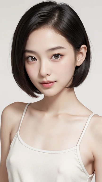 Young Japanese woman, 30s, white background, simple background, short bob hair, slender, 4K, 8K medium, high resolution, beautiful woman, beautiful eyes, simple, high resolution, alone, beautiful skin, beautiful skin, Smile, relax, 