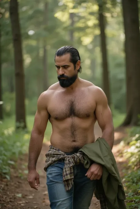 A man between 30 and 35 years old , with an athletic and muscular physique, walking in a leafy forest under soft natural lighting that filters through the tall trees. His torso is uncovered, highlighting his defined muscles and slight chest hair, while wea...