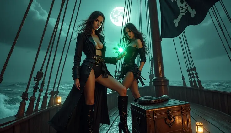 Ultra-realistic, cinematic scene of two fierce and stunning pirate women aboard a storm-tossed ship at night. The ship’s wooden deck glistens with rainwater under the silvery glow of the full moon, while distant lightning cracks across the stormy sky. Towe...