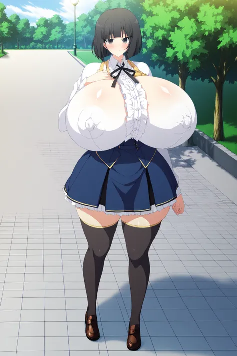 yaegashi nan, senran kagura, senran kagura burst, senran kagura new link,Inazuma 
, ,,  gigantic breasts, gigantic ass, giant thighs,score_9,score_8_up,score_7_up,source_anime,5_figner,2d_animation,game cg,BREAK,1girl,solo, Millennia,short hair,bob cut,bla...