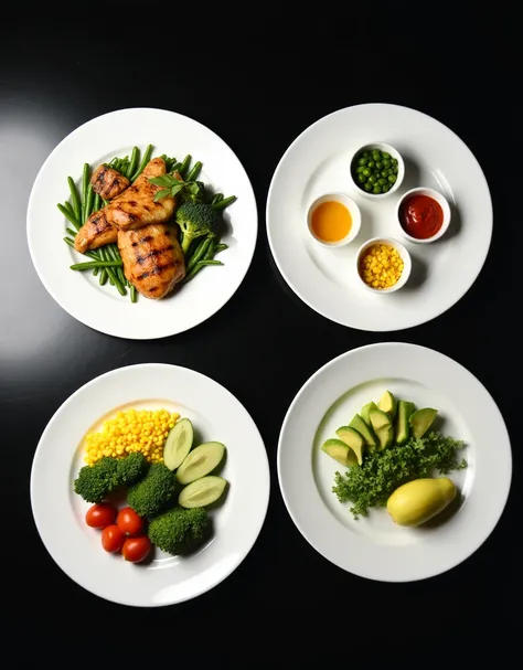 four white plates arranged in a circular pattern on a black table. Each plate has a different type of food on it. 

The first plate on the top left has a serving of grilled chicken with green beans, broccoli, corn kernels, and sliced cucumbers. The second ...