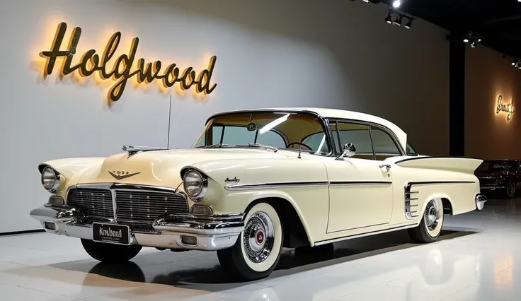 2025 Holden Kingswood cream color Create hd and highly realistic images of  standing in showroom with large "Holden Kingswood "written on background wall.The image should be highy quality used for YouTube thumbnail