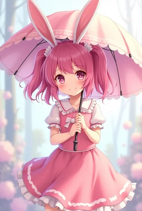 Anime with pigtails and pink hair ,  pink clothing and a pink skirt and an umbrella pink with white with 
Rabbit ears
