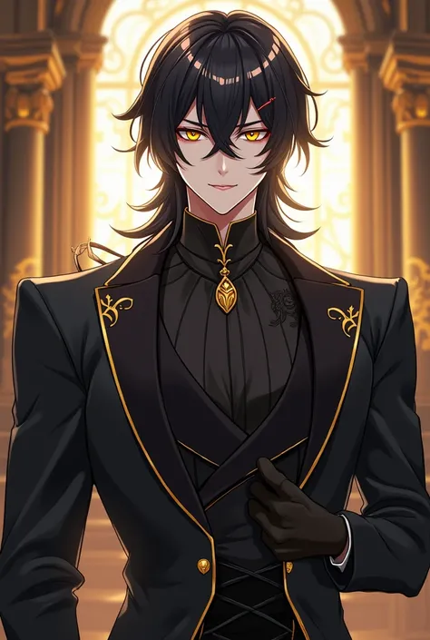  Anime man looks impressive and heavenly as well as extremely handsome.
 He usually wears elegant, dark clothes ,  Quenparese church  , with golden details that highlight her angelic status .  And look flirty and sensual .
Shiny black hair that reaches her...