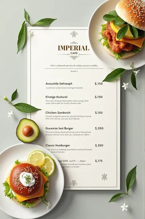 Carte de menu
IMPÉRIAL CAFÉ
SANDWICH AVOCAT......................... 500 FCFA
SANDWICH POISSON....................... 500 FCFA
SANDWICH POULET.........................1000 FCFA
Hamburger 🍔.........................2000 / 3000 FCFA 
SALADE AVOCAT 🥑.............