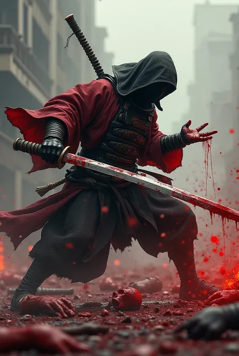 (photorealism:1.2), Full high resolution, a Samurai characters wearing dark red and balck full armor, fighting with Ninja, bloodstains stuck to the blade of his katana sword, The samurai slashed at Ninjas left hand, causing blood to spurt out of the severe...