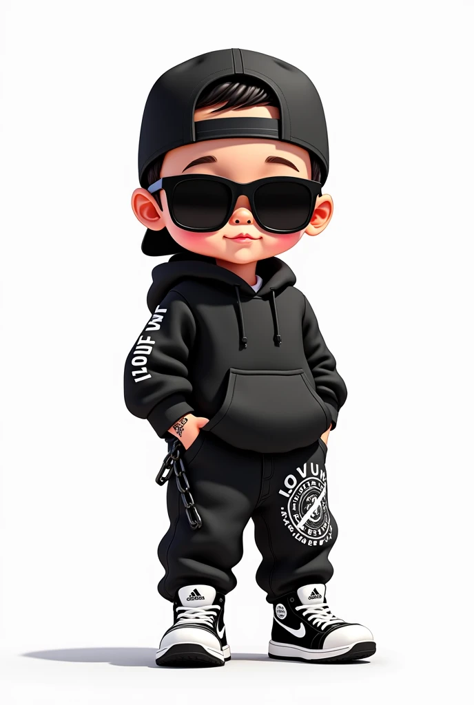 The image is a digital illustration featuring a small toddler stylized cartoon character with a modern urban aesthetic. The character is depicted as having a light skin tone and wearing a backwards black hat, large sunglasses, and a black hoodie with the s...