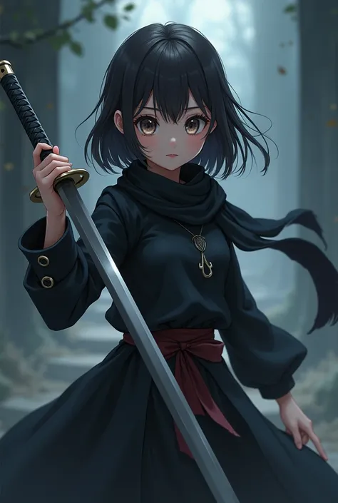 Anime girl, wear a black scarf, have a sword