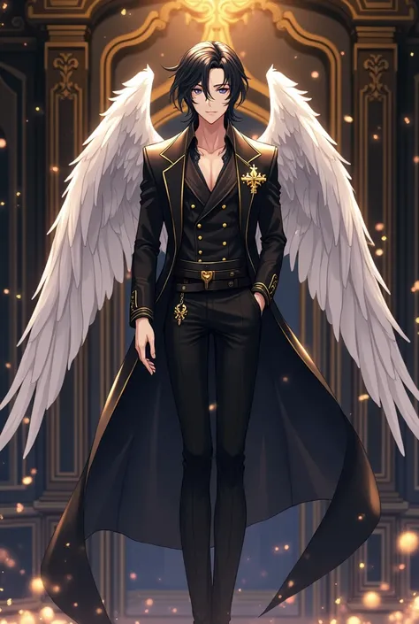  Anime man looks impressive and heavenly as well as extremely handsome.
 He usually wears elegant, dark clothes ,  Quenparese church  , with golden details that highlight her angelic status .  And look flirty and sensual .
Shiny black hair that reaches her...