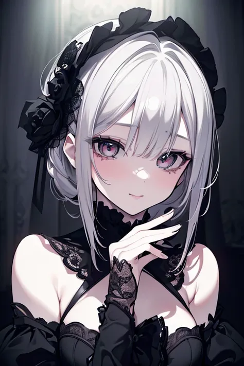 a gothic lolita girl, gazing at a poisoned apple, beautiful, entranced expression, ecstatic face, rapturous, sensual lips, alluring hands, fallen into darkness, white hair, lifeless eyes, sexy dress, seductive smile, captivating, (best quality,4k,8k,highre...