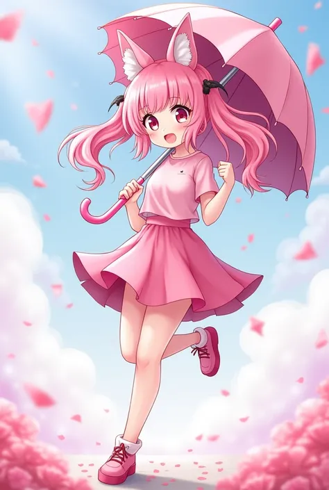 Anime with pigtails and pink hair , a pink t-shirt and a pink skirt and pink shoes and that has an umbrella and the umbrella is pink and white with ears the umbrella 


