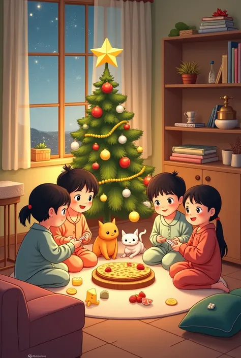 Family Christmas party at home, Korean people, Keep the Christmas tree small, smaller, pajama party, Cheese Shrine ,  mackerel cat