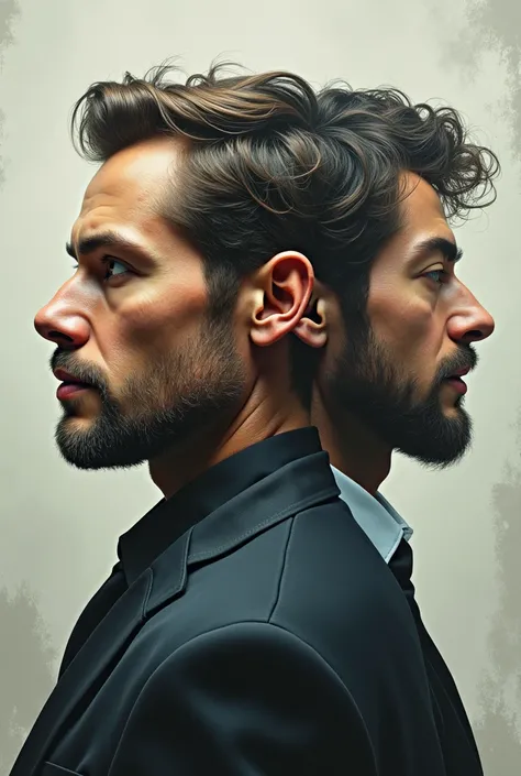 Create a surrealist portrait depicting a single male figure with three distinct personas or aspects seamlessly blended together. Each third of the man should represent a different profession, personality, or life stage - for example, one section showing a ...