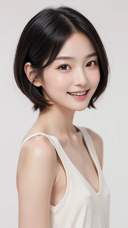 Young Japanese woman, 30s, white background, simple background, short bob hair, slender, 4K, 8K medium, high resolution, beautiful woman, beautiful eyes, simple, high resolution, alone, beautiful skin, beautiful skin, Smile, relax, 