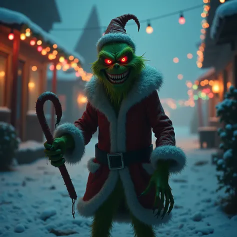 A horrifying, evil Grinch with sharp, oversized fangs and glowing red eyes, standing in a dark, snow-covered Christmas village. The scene is lit by eerie, flickering Christmas lights in shades of green and red, casting ominous shadows across his grotesque ...