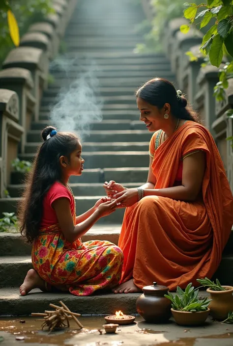 An ayurvedic hair oil neelambari advertisement. A girl wearing pavada and blouse sitting .and a lady wearing kerala traditional saree. She was pouring black hair oil in her hands and giving head massage to the girl sitting. They were sitting in steps of ke...