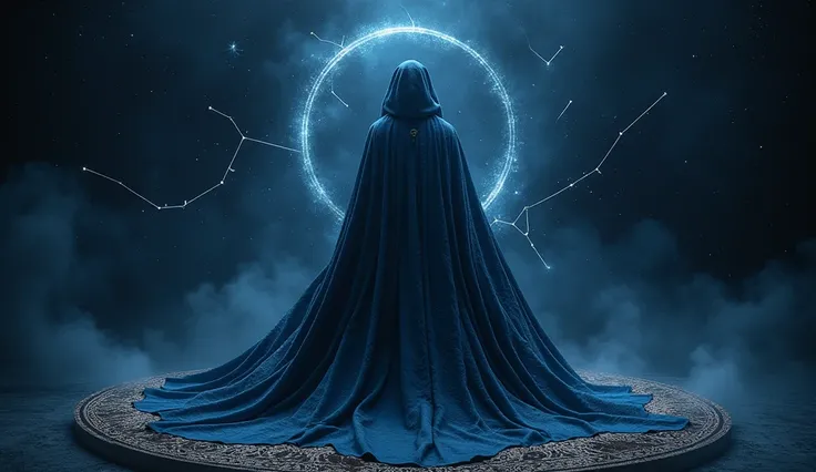 bottom:  Cloak texture with details highlighted in dark blue

Center :  Constellations marked with luminous lines that stick out

Text : "EL MISTERIO DEL VESTIDO Y LAS ESTRELLAS"  in silver letters with dark shadows

Detail :  A mystical halo of light surr...