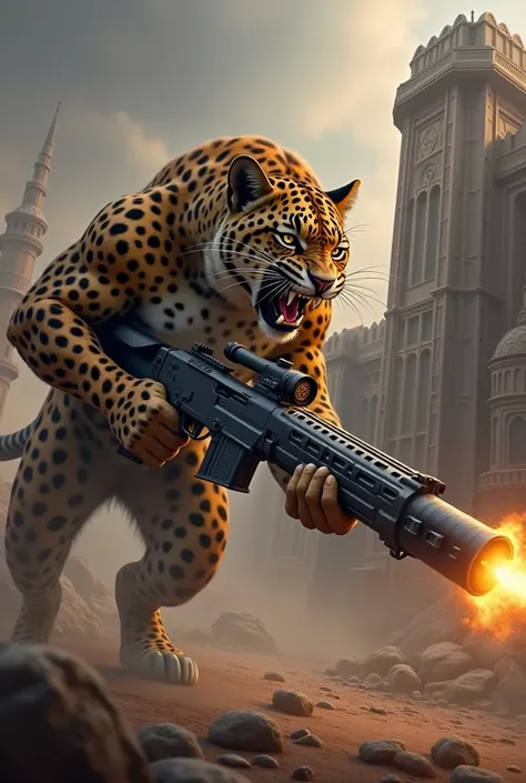 A big size angry leopard holding Stormbringer Rifle to destroy Royal Fort